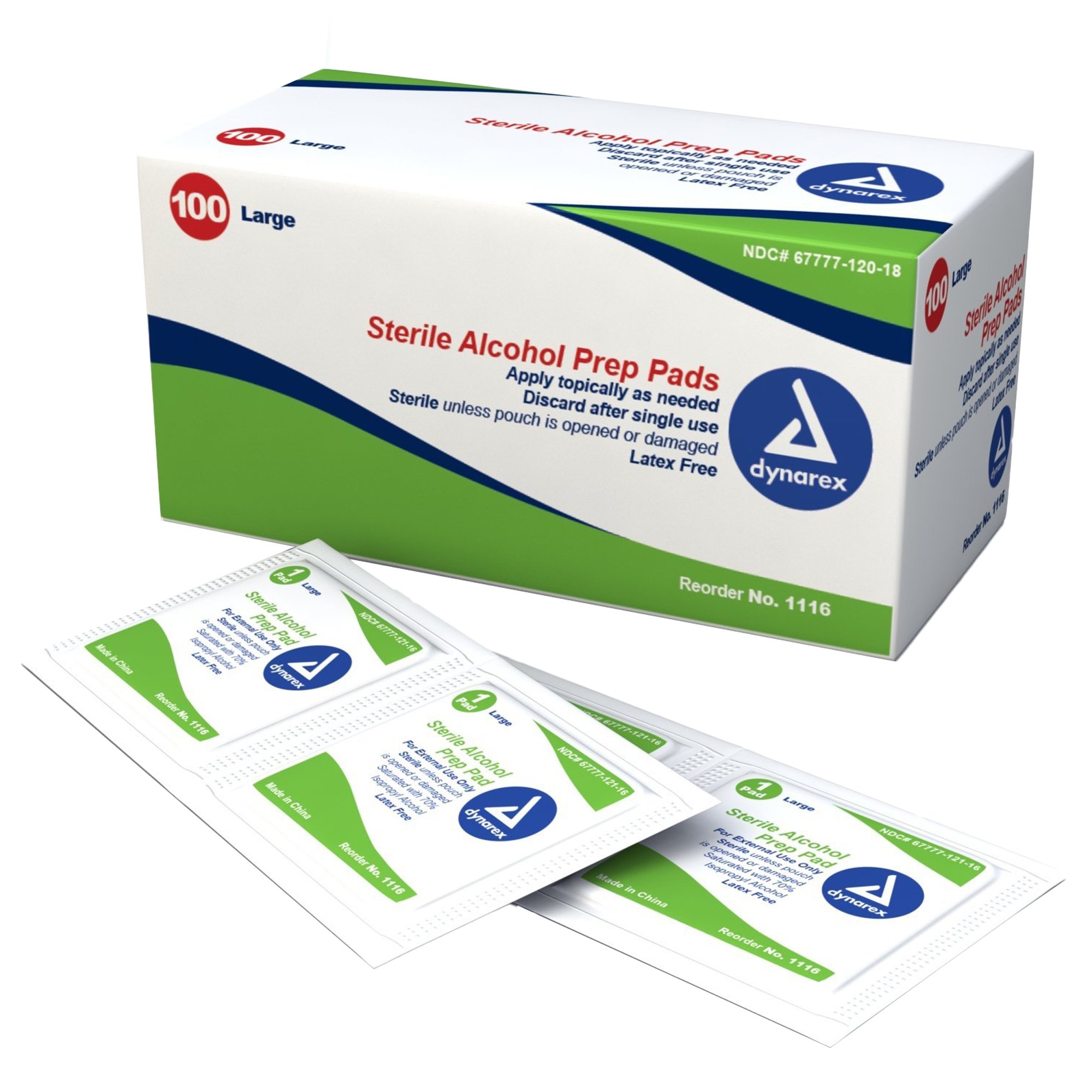 Preps Pads Alcohol Prep Pad Dynarex® 70% Strength Isopropyl Alcohol Individual Packet Large Sterile (100/BX 10BX/CS) by Dynarex Corporation  ID 1116
